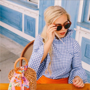 Elizabeth Wilson Katherine Top – Blue Gingham Ruffle Neck Blouse, Size Medium